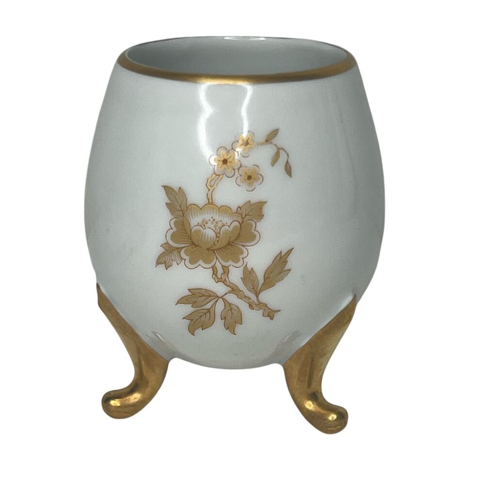 Limoges Egg Shape Vase France Porcelain 24 Kt Gold Rose 3 Footed Hand Painted - Picture 3 of 7